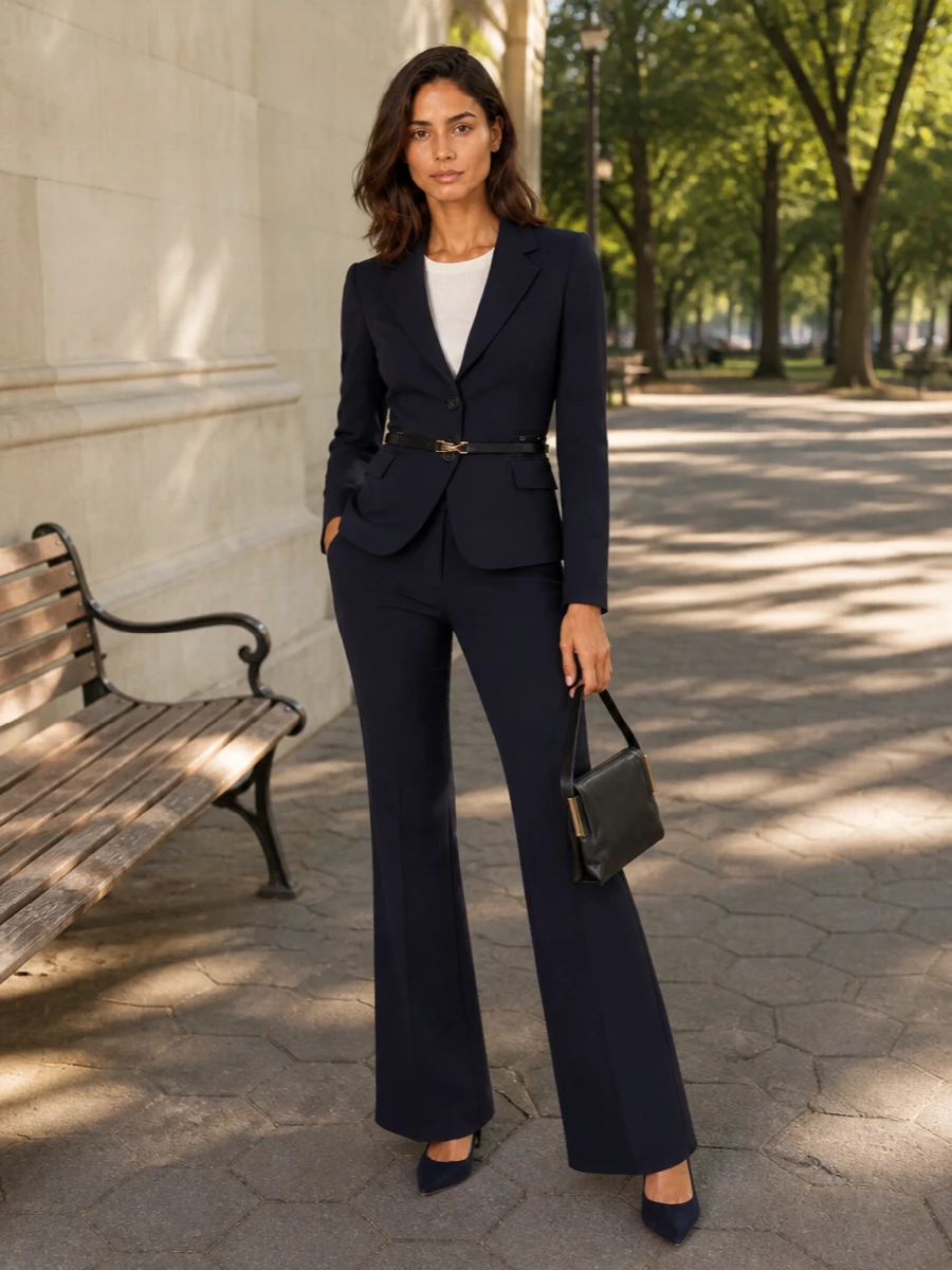 A navy column of Elisabetta Franchi tailoring, finished with matching suede pumps, creates a long, uninterrupted line that feels precise yet unforced. The slim black belt and folded black bag introduce just enough contrast and gold hardware to sharpen the mood without disturbing the minimalist palette. It is a boardroom-ready ensemble that slips straight into an intimate dinner reservation with the same quiet confidence.