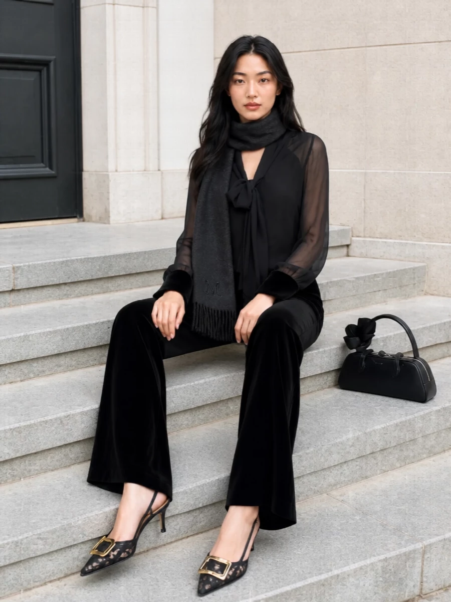 Max mara velvet trousers tie neck blouse outfit