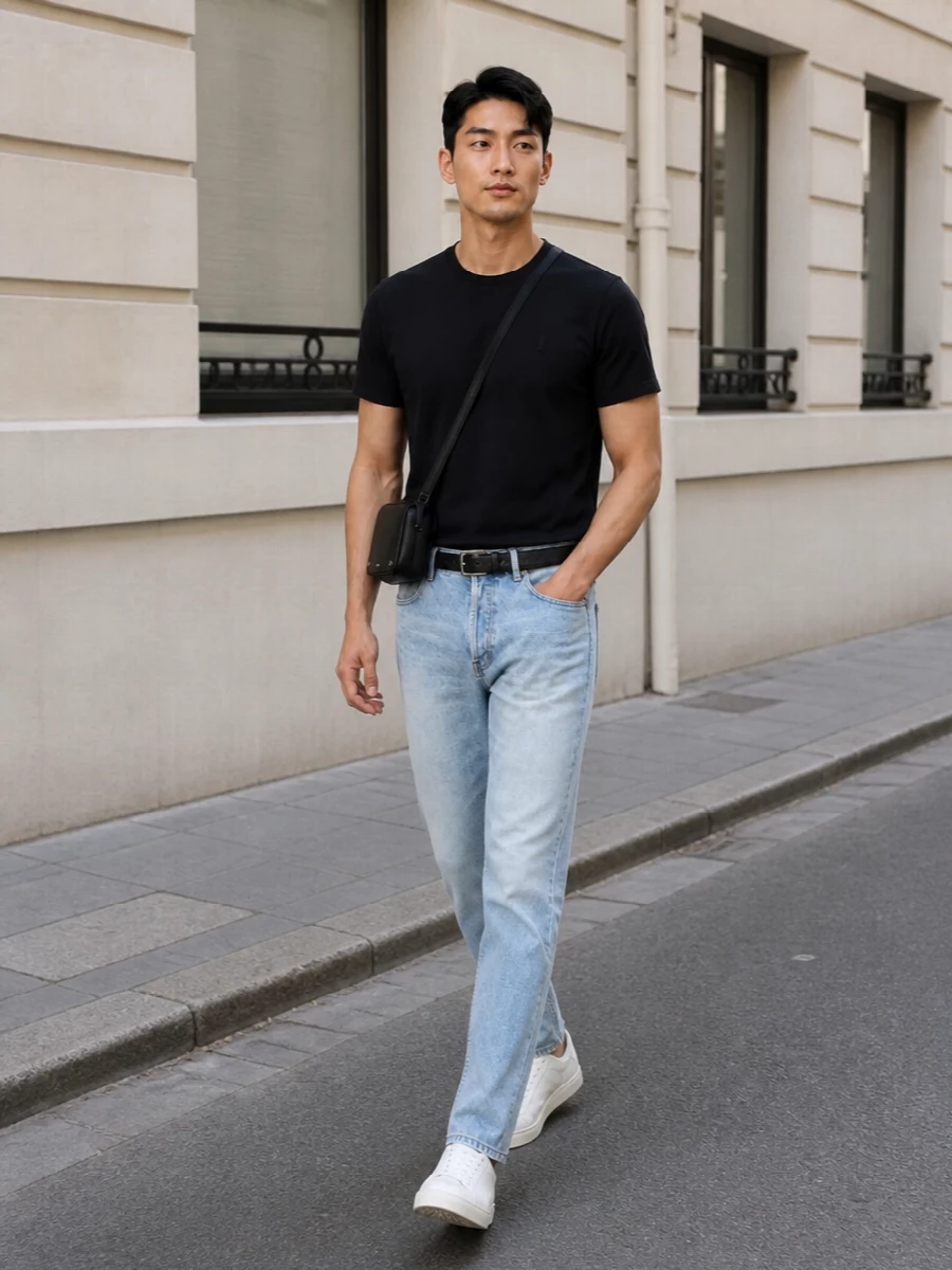 Light-wash Saint Laurent denim is anchored by a faded black tee for a clean, effortless take on Parisian streetwear with a subtle rock undercurrent. Optic-white low-top sneakers keep the palette fresh for SS, while the structured black crossbody and refined black belt inject just enough quiet luxury to make the look feel considered without losing its ease.