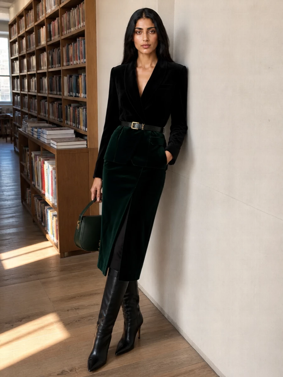 Saint laurent velvet midi skirt black knee boots