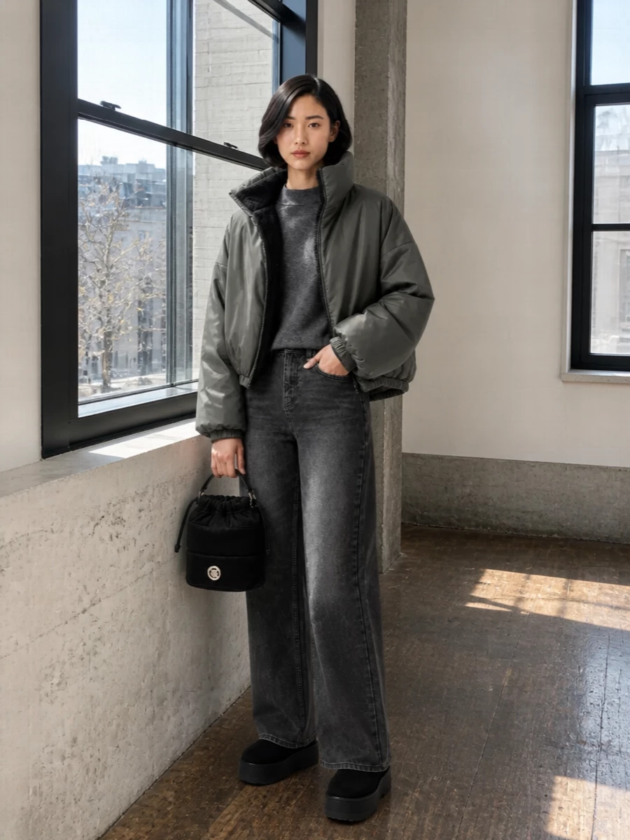 Frankie shop puffer wide leg jeans ugg boots
