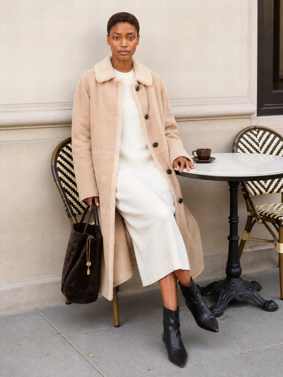 I chose the dress route to let the coat sit over a single, uninterrupted column rather than adding another break with a separate top and trouser. The Jil Sander ivory knit dress, Isabel Marant black ankle boots, and Chloé chocolate tote keep everything in the same hushed, luxurious register, balancing texture and line without cluttering the silhouette. It feels like a Paris-to-gallery winter uniform that is soft, composed, and quietly confident under that long shearling-effect coat.