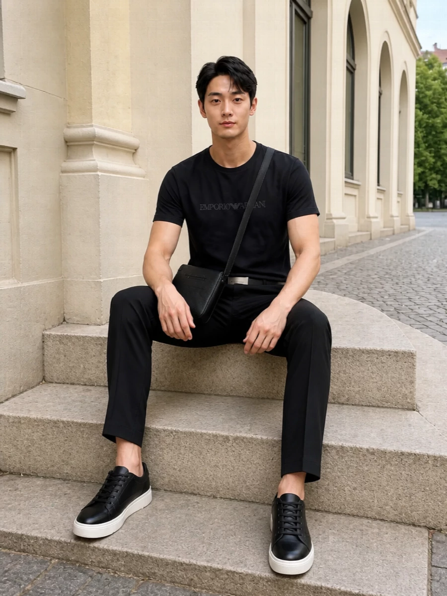 Emporio armani black t shirt black trousers outfit