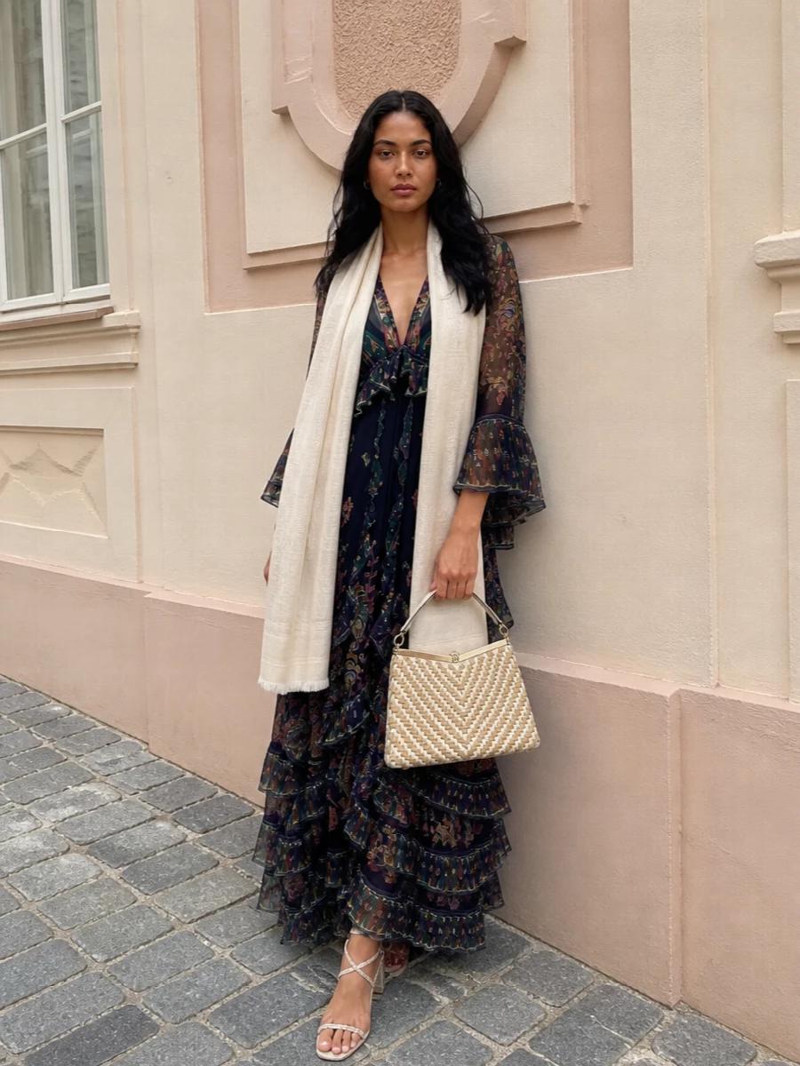 Etro’s inky paisley maxi stays center stage, framed by luminous champagne sandals and a sculpted woven top-handle in soft neutrals. The effect is romantic and bohemian yet polished enough for summer weddings or terrace dinners, with the tonal stole there if you want a whisper of extra coverage without diluting the print. Warm metallic accents tie everything together while keeping the palette calm and quietly rich around the dress’s jewel tones.