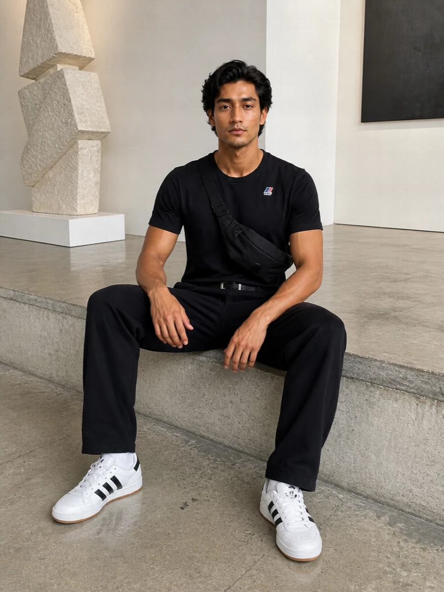 A sharp monochrome base keeps this sport-driven outfit focused, with black track pants and a matching K-way tee forming a clean, relaxed line. White Adidas court sneakers cut through the darkness just enough, adding a crisp graphic hit without fighting the minimal mood. A low-profile black belt bag and slim belt introduce small hardware details that feel urban and functional rather than decorative.