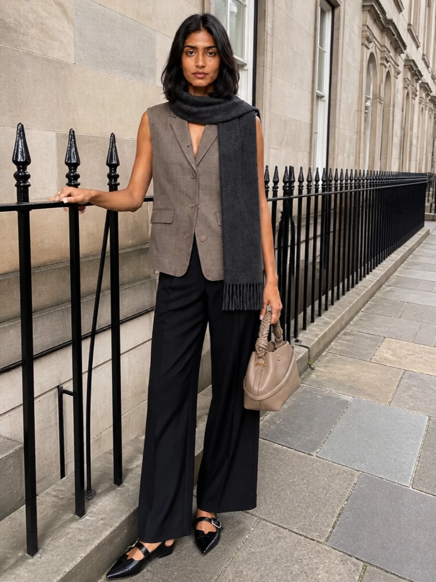 Ganni vest black wide leg trousers outfit