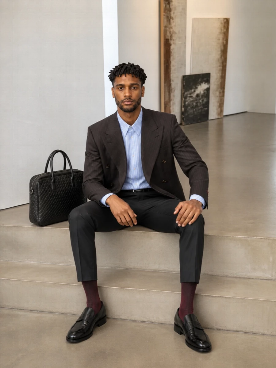 Gucci’s pinstriped double-breasted blazer sits over slim charcoal Dolce&Gabbana trousers for a disciplined, boardroom-ready line that reads polished rather than showy. Sleek black loafers and a woven Bottega briefcase keep the palette deep and formal, while the minimal belt gives a precise, uninterrupted waist. It is a quietly powerful Italian suiting combination that moves easily from serious meetings to late dinners.