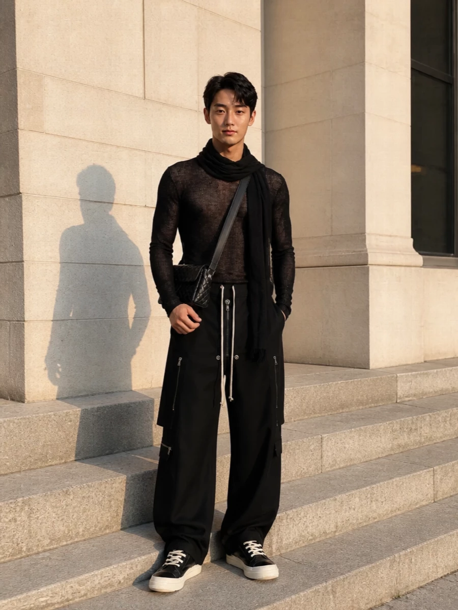 Rick owens sheer top wide black cargo trousers