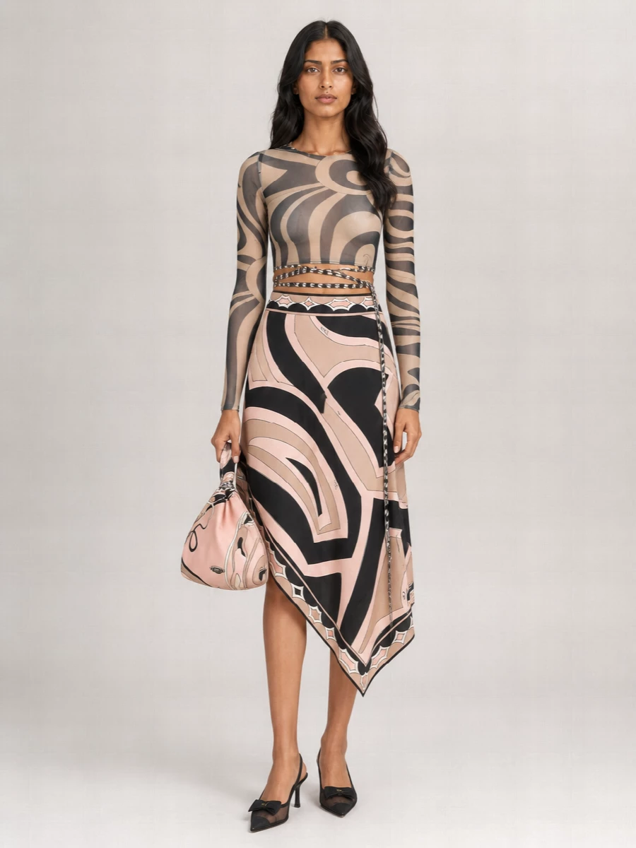 Pucci Printed Tulle Long-Sleeve Crop Top