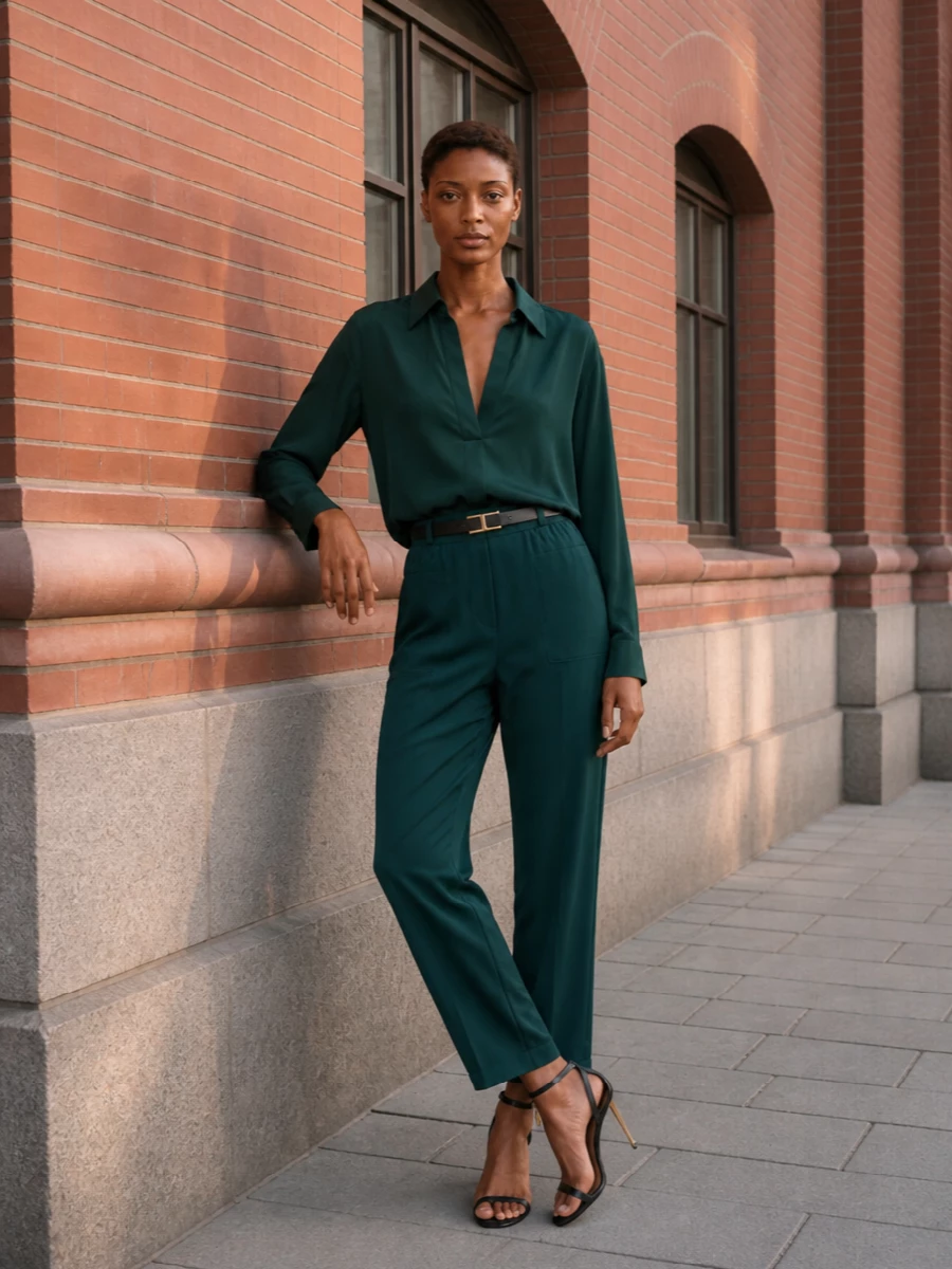 Tom ford teal silk pants green blouse heels