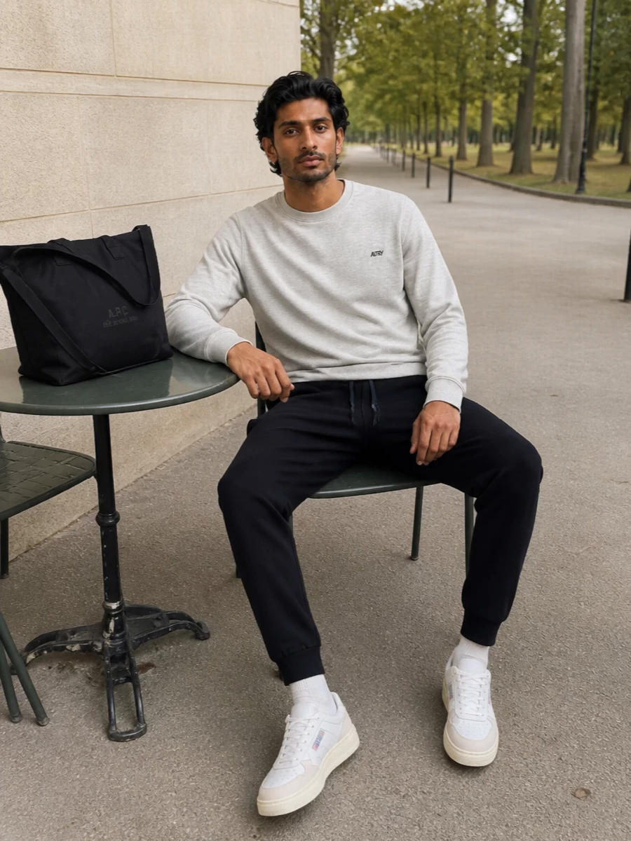 Autry grey sweatshirt black track pants sneakers