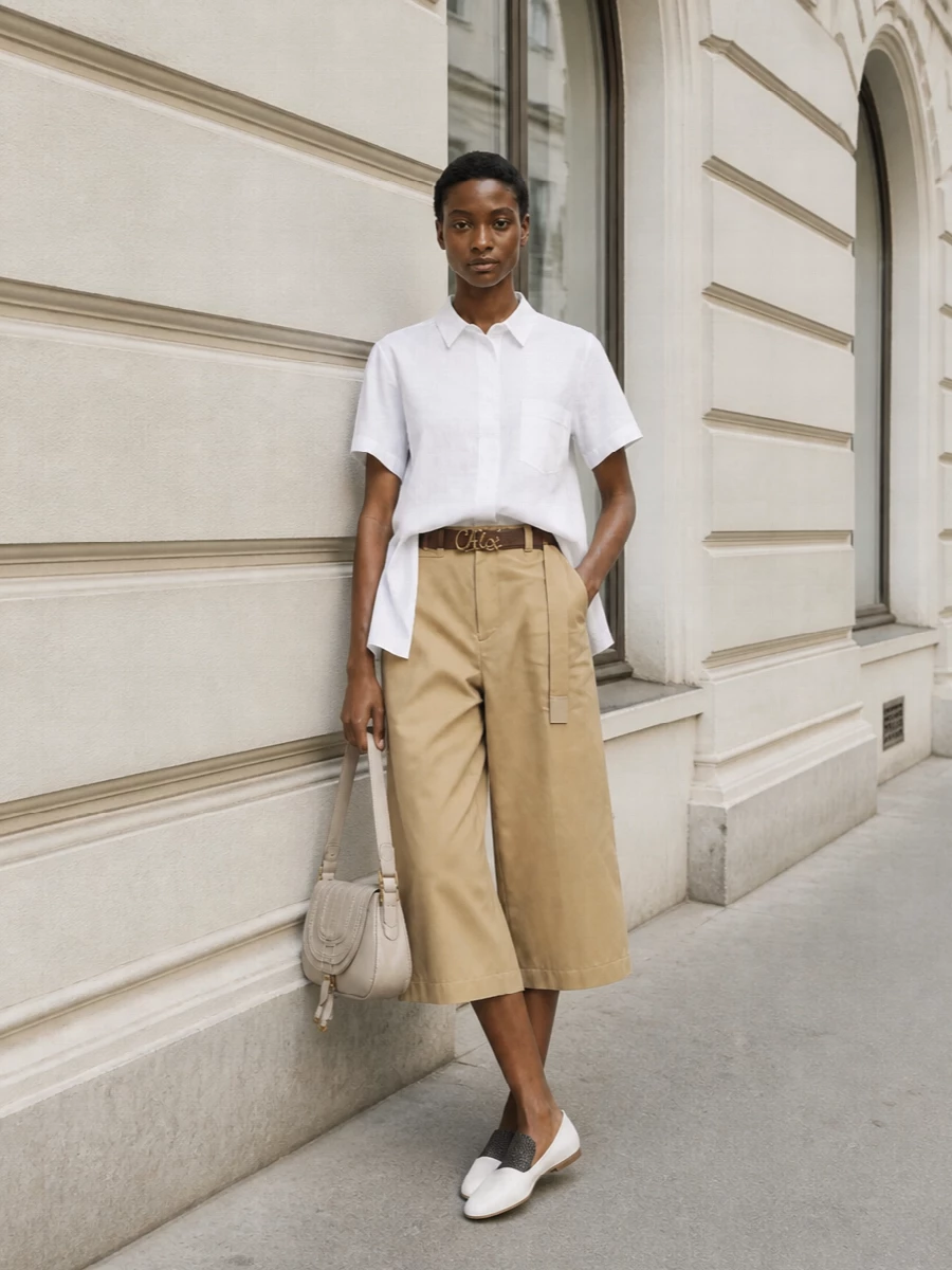 Camel Sacai culottes meet a softly architectural white shirt for a clean, modern take on warm weather tailoring. A pointed flat loafer and structured neutral saddle bag keep everything sharp yet relaxed, while a slim dark leather belt quietly defines the waist. The result is polished and minimal, ideal for city days that stretch into dinner.