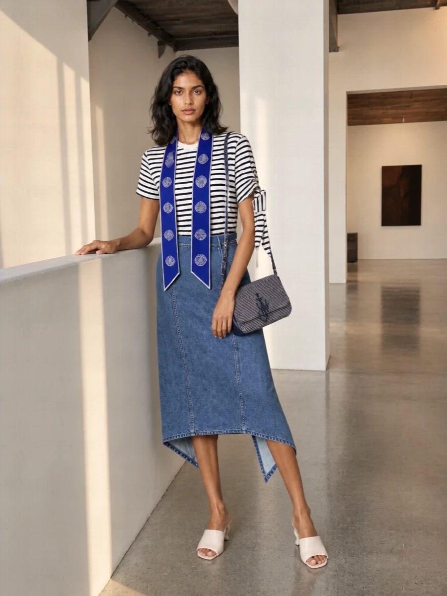 Jw anderson striped tee asymmetric denim skirt outfit
