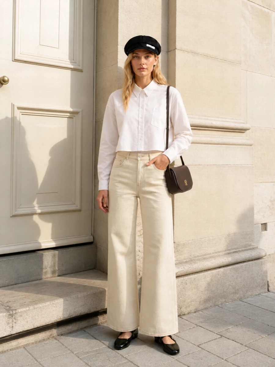 A cropped white shirt and buttercream wide-leg denim create a clean, collegiate base that lets the black baker-boy cap read as intentional rather than costume. The proportions stay long and soft through the leg, then are neatly finished with glossy Mary Jane flats and a structured chocolate shoulder bag for a quietly Parisian, preppy city outfit. This top-and-trouser route keeps the mood relaxed enough for daytime while still feeling sharp enough for low-key evenings.