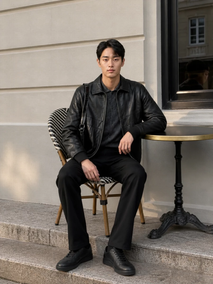 Dunst leather blouson black denim sneakers