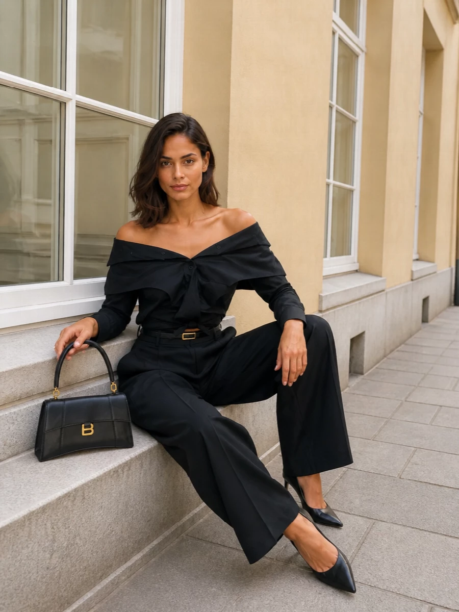 Balenciaga wide leg trousers off shoulder shirt