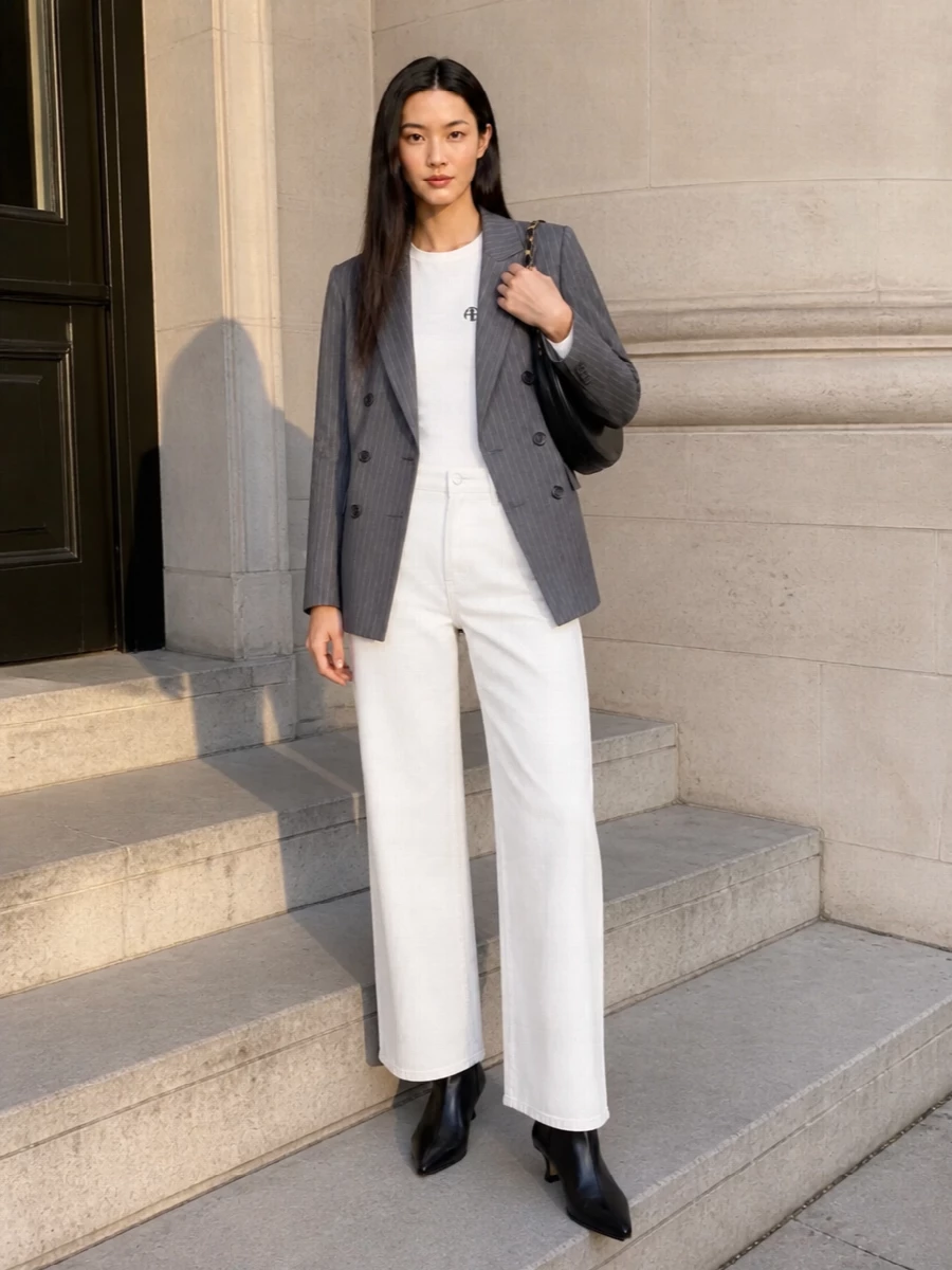 Anine bing pinstripe blazer white wide leg pants