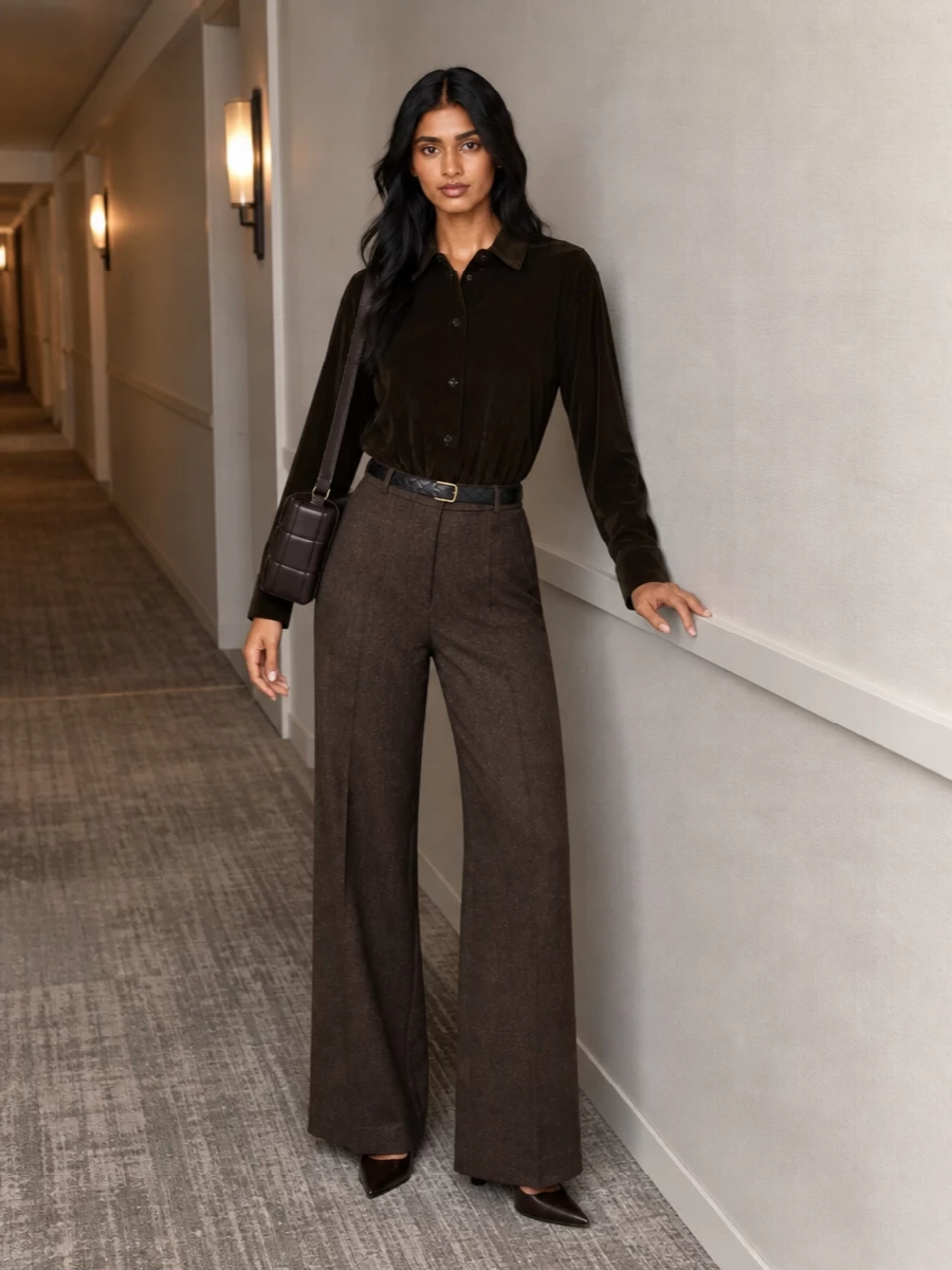 The dark chocolate velvet shirt-bodysuit is grounded with equally rich, high-waisted wide-leg trousers for a tonal, elongated column that feels quietly opulent for FW evenings. A sleek patent chocolate kitten-heel mule and structured intrecciato shoulder bag continue the brown story, while a slim black belt subtly sharpens the waist and nods to the bodysuit’s black base. The result is tailored, sensual and impeccably understated—ideal for cocktails, gallery dinners or any night where you want impact without obvious shine.