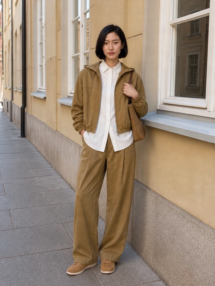 Auralee camel jacket wide leg trousers outfit
