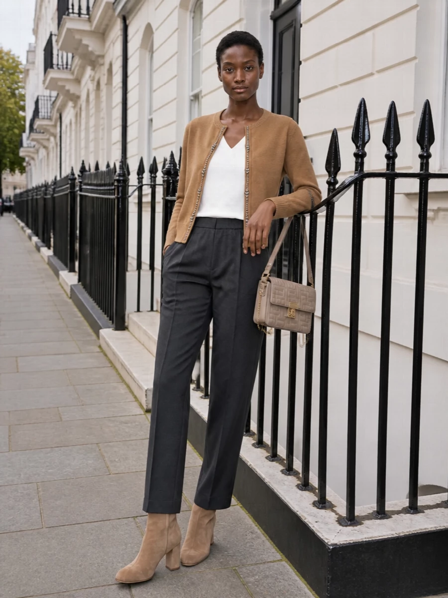 I’m building around the camel beaded cardigan jacket as a softly tailored anchor, so a separate top and trouser feel more coherent than a dress layered underneath. The ivory knit and charcoal straight-leg trouser create a high-contrast yet muted base that lets the jacket’s subtle sparkle read as the focal point. Camel suede ankle boots and a taupe structured bag keep every accessory on the same warm-neutral axis, delivering a clean, modern city outfit that moves easily from office to low-key dinner.