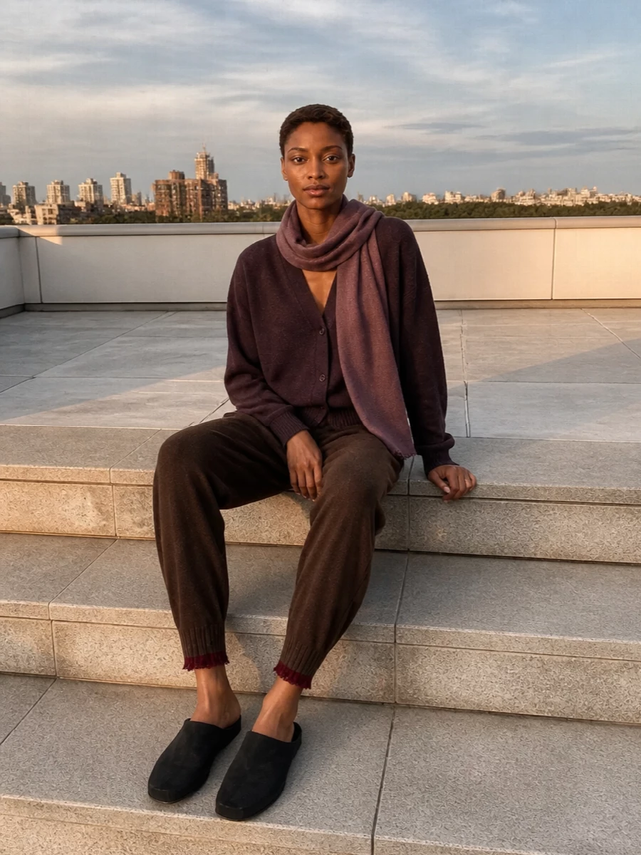 Uma wang plum cardigan brown knit trousers outfit