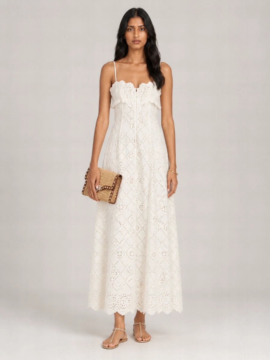 Alberta Ferretti Cotton Blend Long Strappy Beach Dress