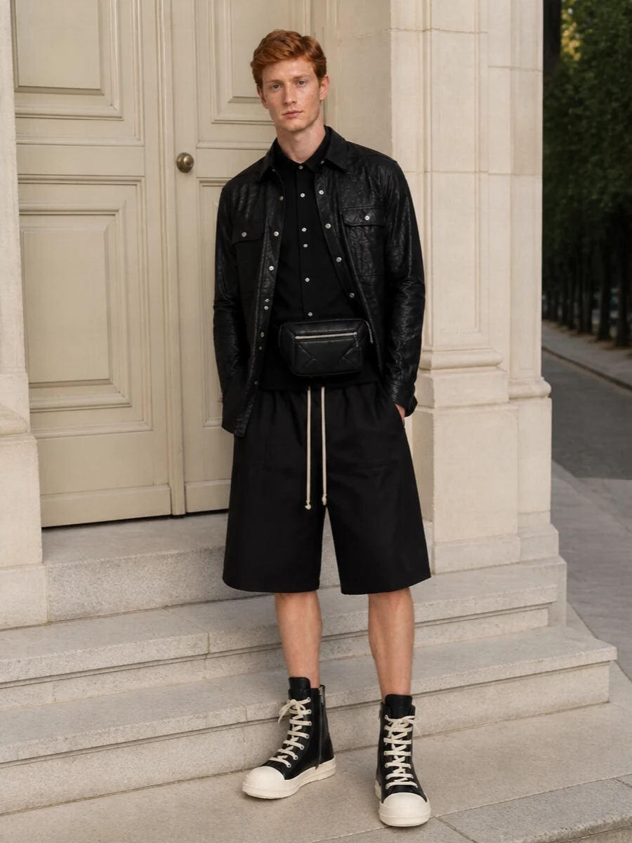 Rick owens black shirt jacket long shorts outfit