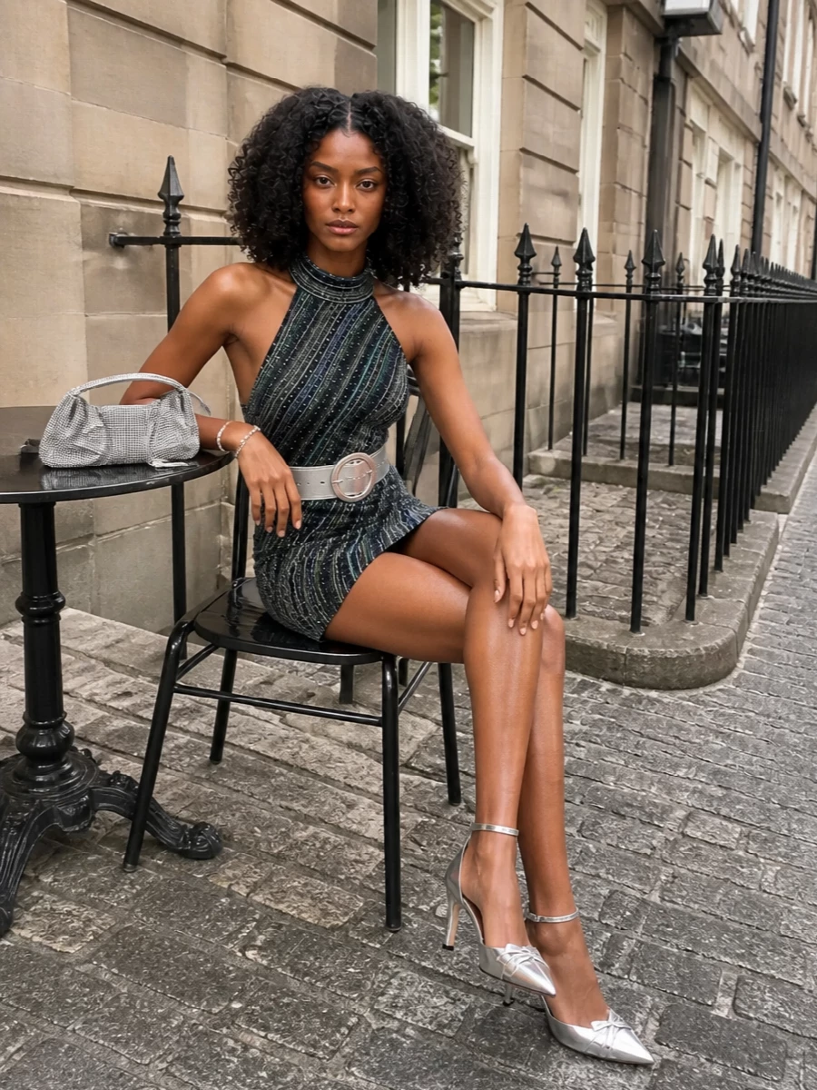 Missoni sequin mini dress silver heels bag