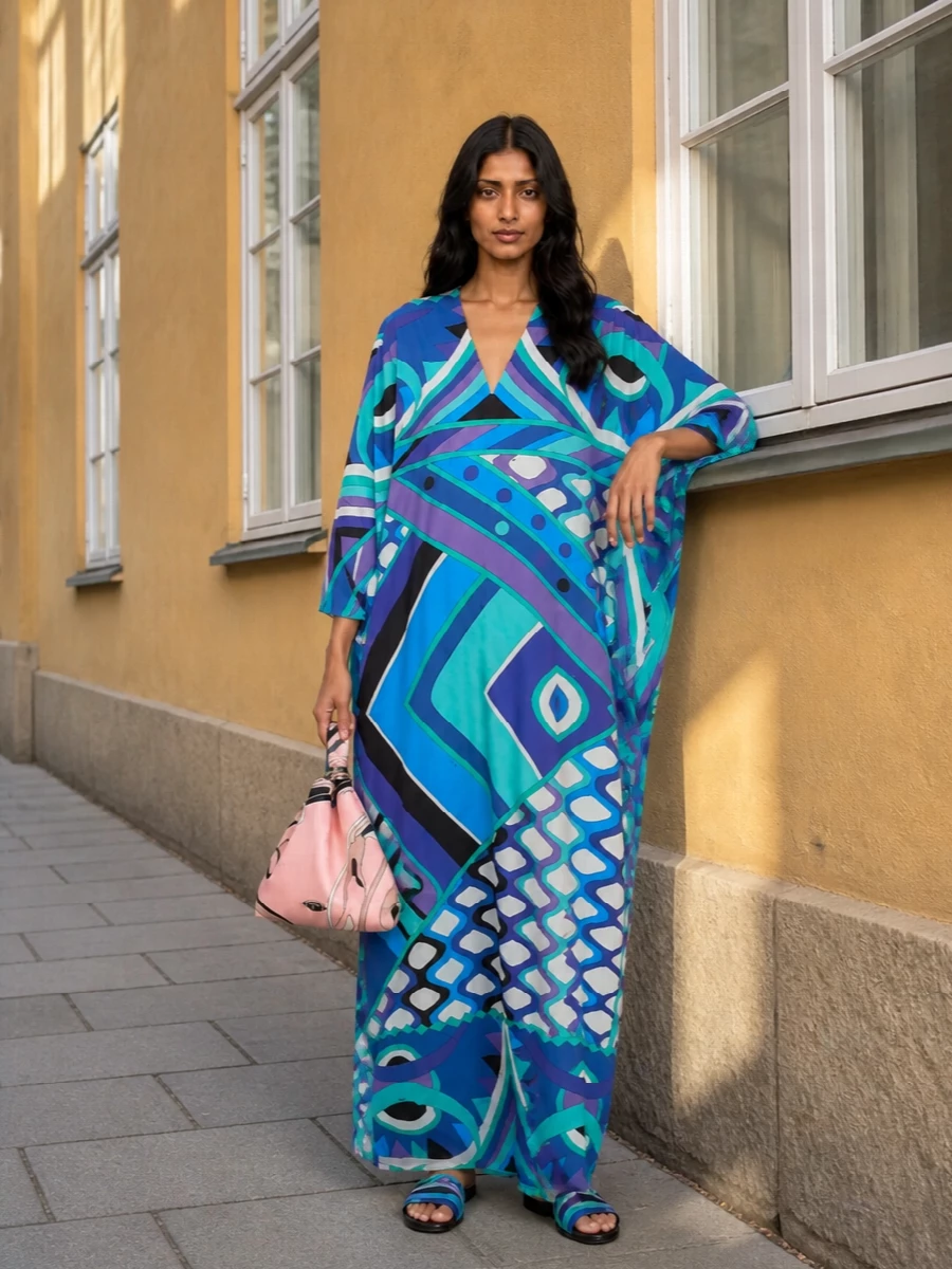 Pucci kaftan outfit slides wristlet bag