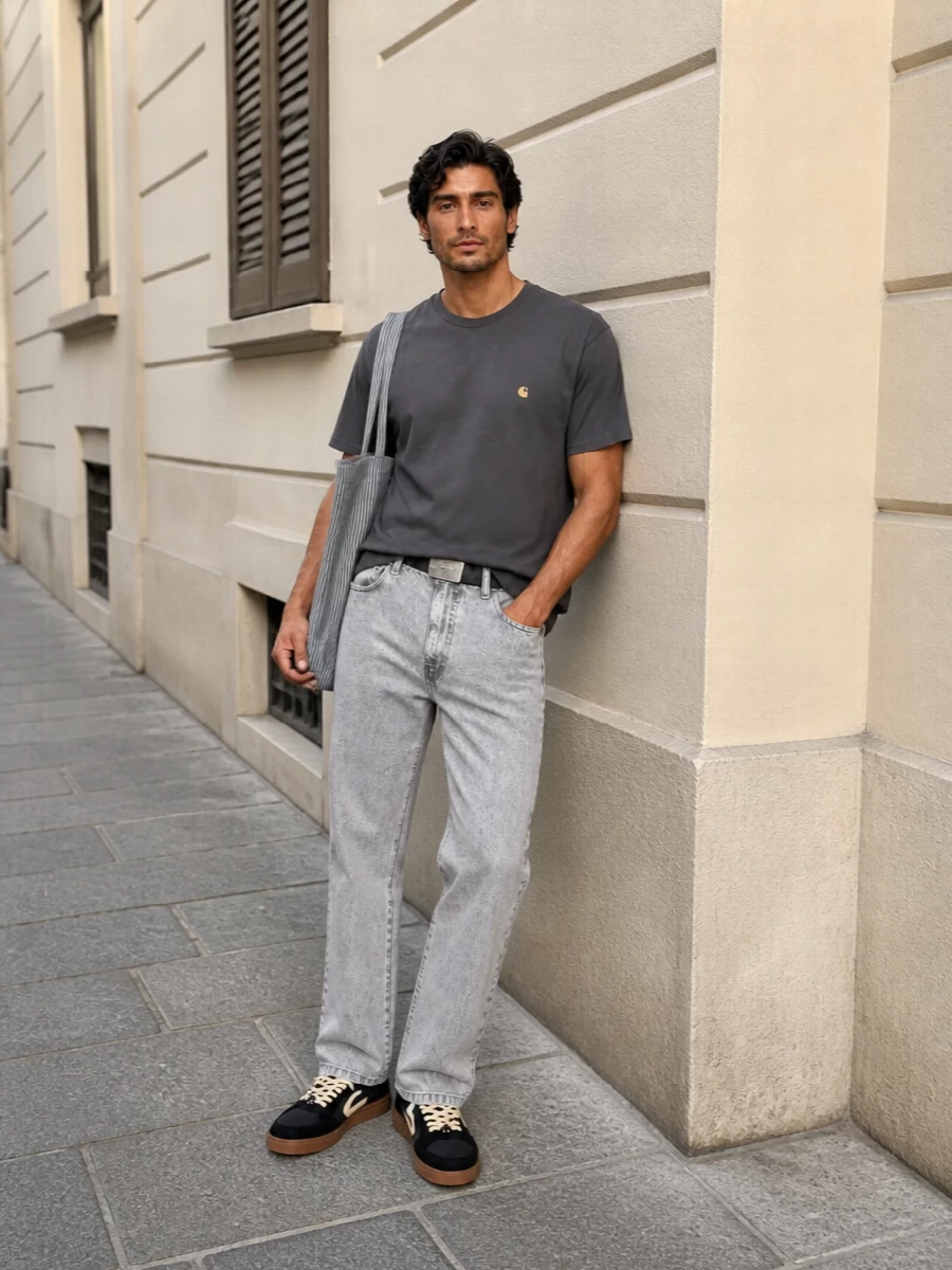 Charcoal and washed grey keep this Carhartt-based outfit clean, with the straight-leg denim lightening the palette just enough to feel fresh for warm days. Off-White skate sneakers introduce a subtle graphic hit and gum warmth, while the striped tote and slim belt keep the energy practical and low-key rather than logo heavy. It is an easy, regular-cut uniform for city errands, coffee runs, or low-stakes nights out that still reads thought-through.