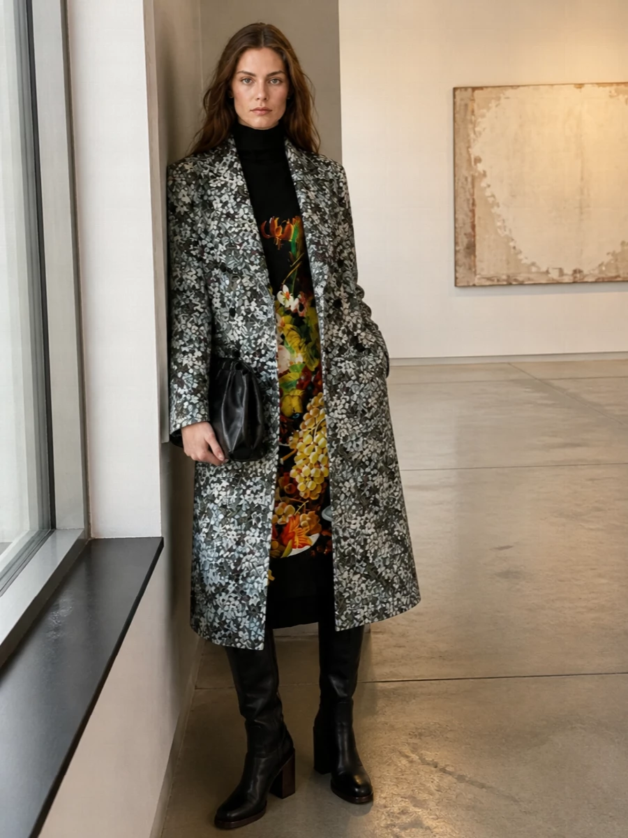 I am intentionally styling the floral coat over a single strong base dress rather than suiting, so the prints stay composed rather than competing. The turtleneck floral column and high black boots create one continuous dark line, letting the outerwear’s slate and ecru florals read as the final, cinematic layer. A glossy black clutch finishes it with quiet drama that feels right for art openings and late dinners.