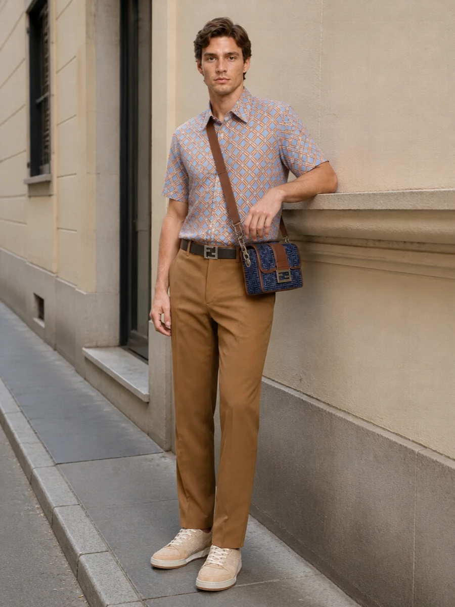 Fendi geometric shirt camel trousers sneakers