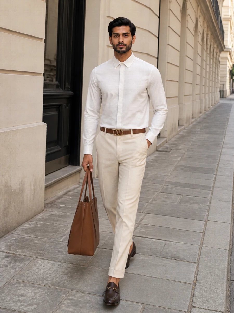 This look centres on a tonal light‑beige tailored trouser paired with an off‑white concealed‑placket shirt, creating a very clean, almost column-like silhouette that feels discreetly luxurious. Dark brown loafers and a tan reversible belt introduce depth and polish, while the cognac structured tote completes the ensemble with a warm, refined note that remains understated yet clearly high-end.