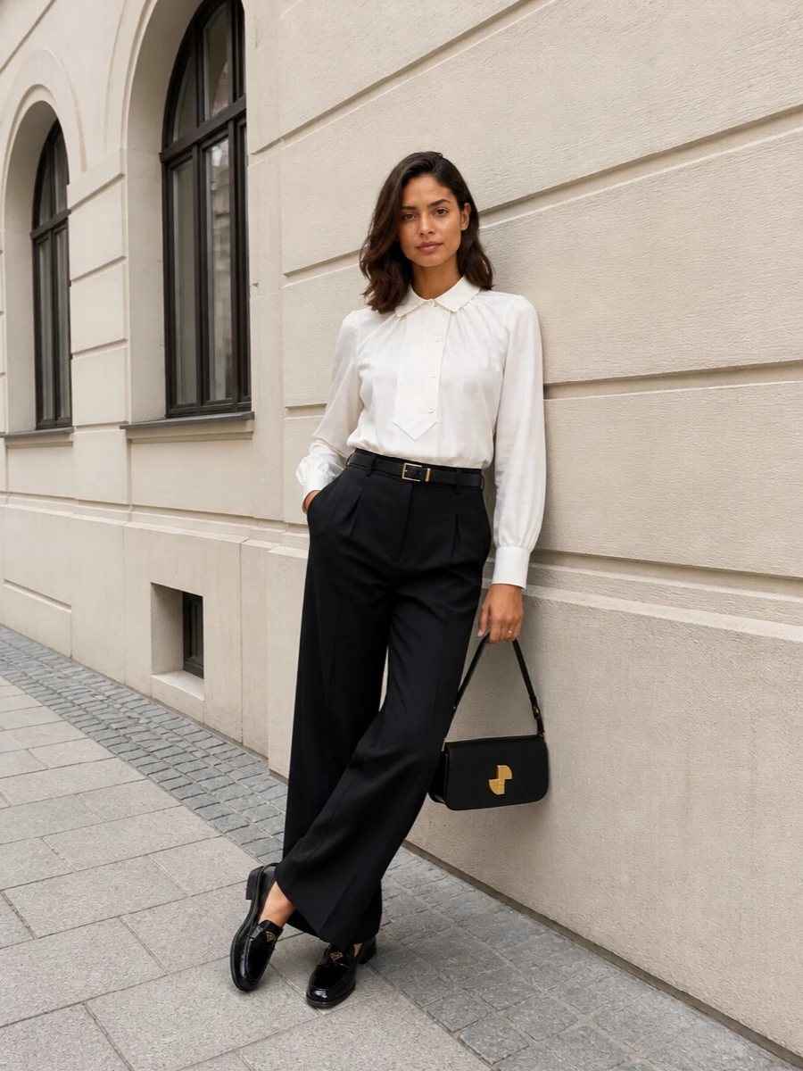 Patou black wide leg trousers ivory shirt outfit