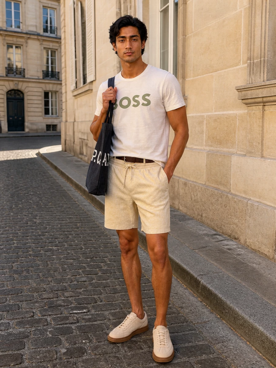 Boss logo tee sand shorts cream sneakers