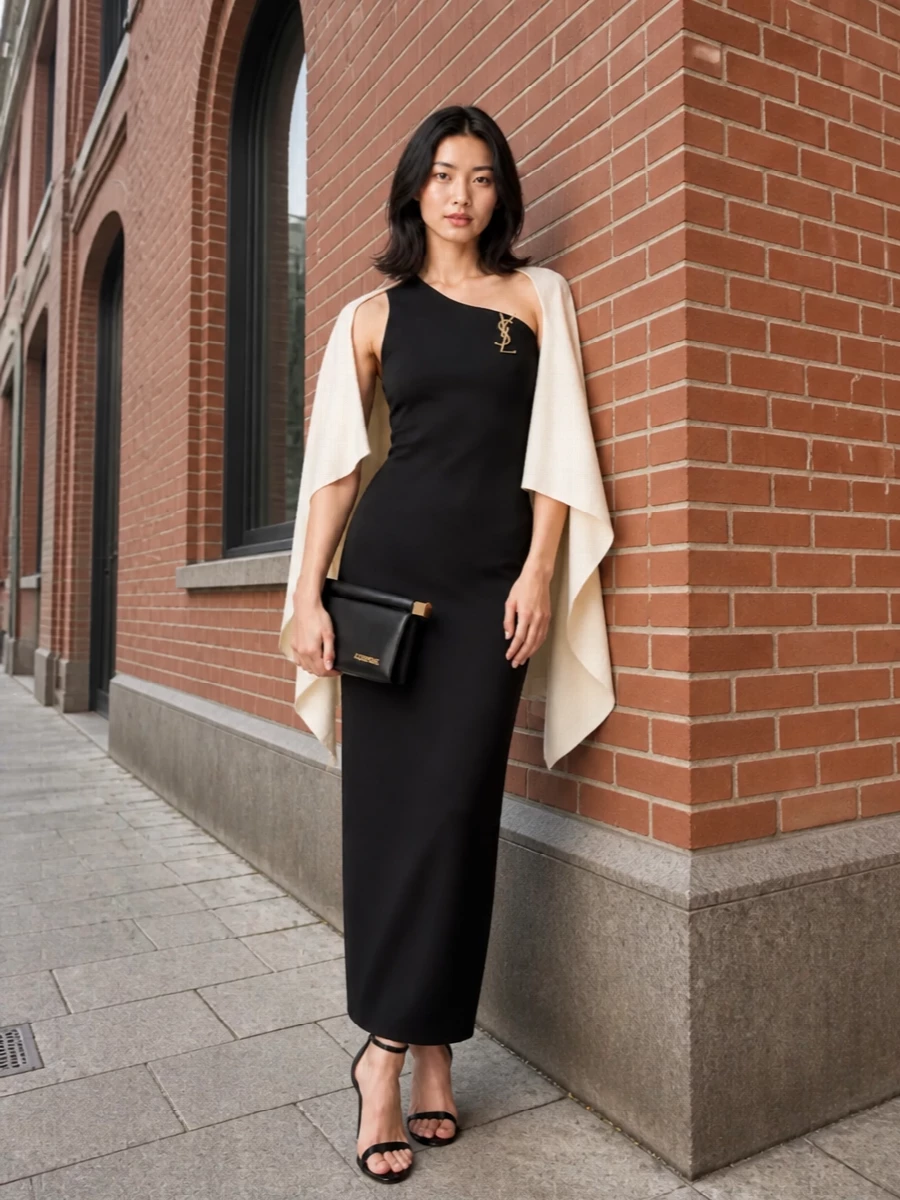 Black one shoulder maxi dress jacquemus clutch