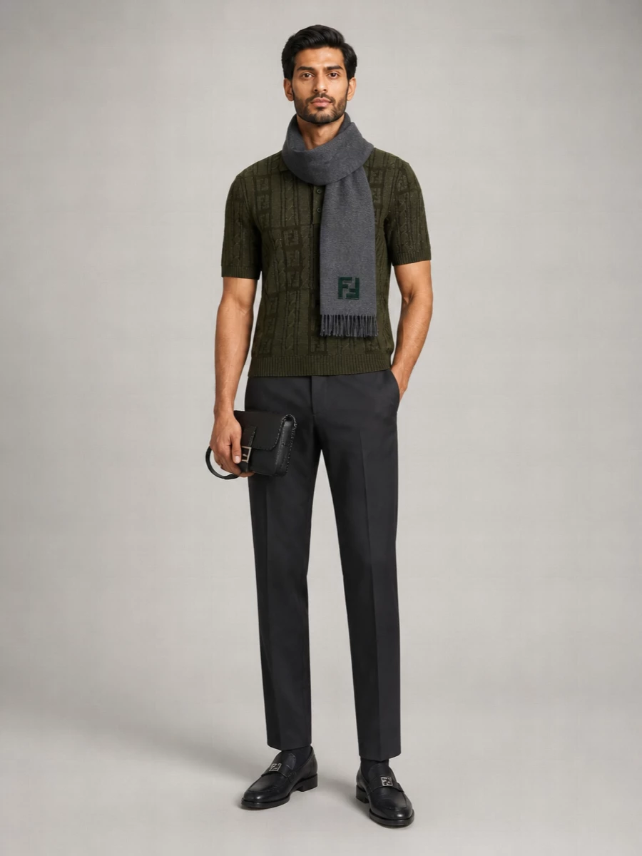 Fendi Wool Cable-Knit Short-Sleeve Polo Shirt