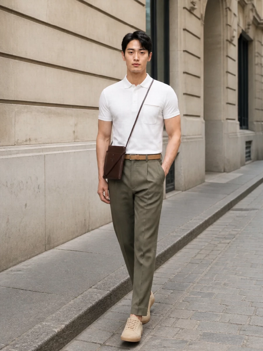 This look frames the crisp white Zegna polo with tailored olive‑taupe trousers for a refined yet unforced take on summer city dressing. Sand suede sneakers and a tan braided belt keep the silhouette relaxed while staying firmly in the quiet‑luxury space, and the slim chocolate crossbody adds just enough structure and function without ever competing with the clean lines and soft neutrals.