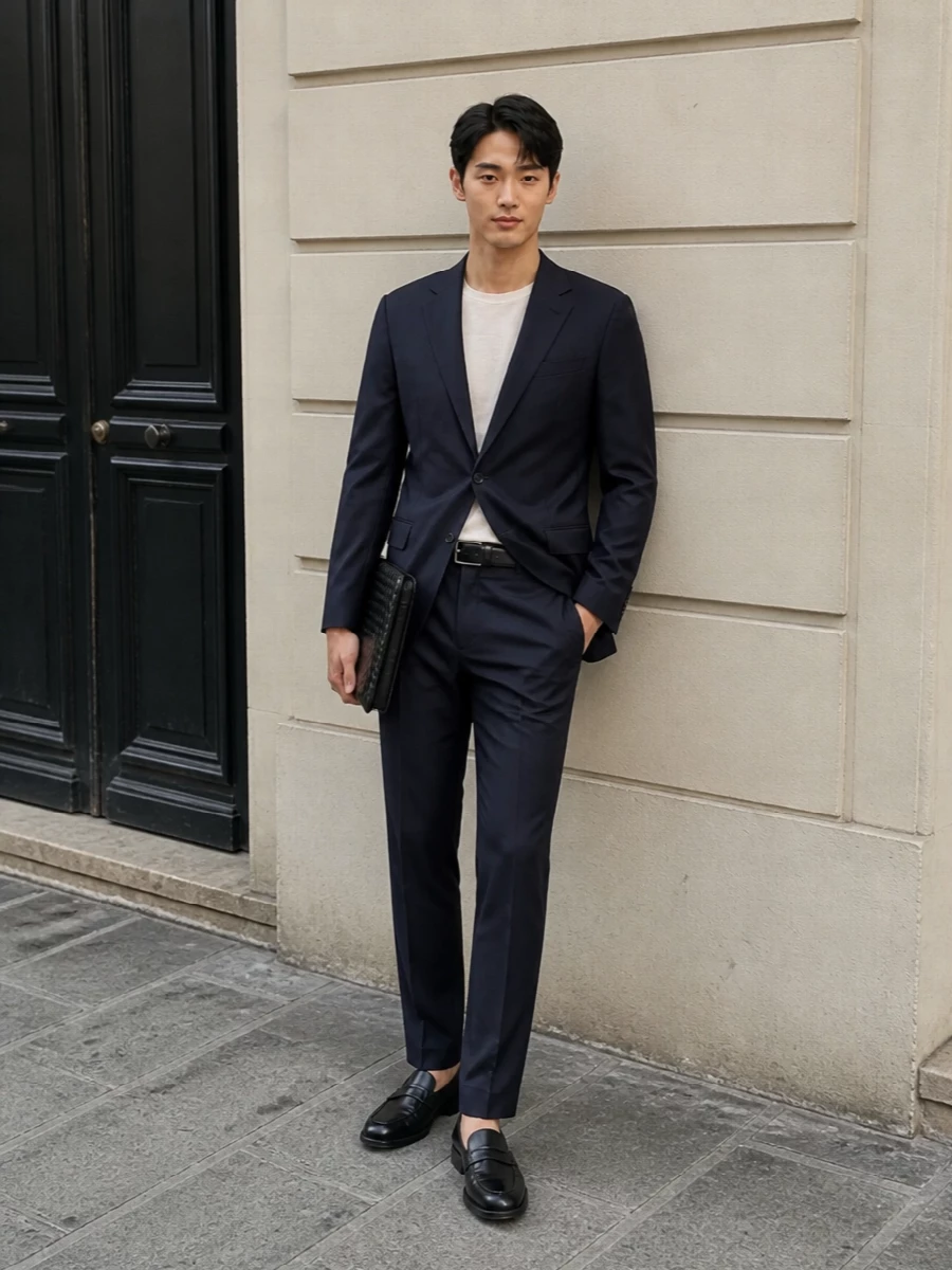 Zegna navy blazer tailored trousers office outfit