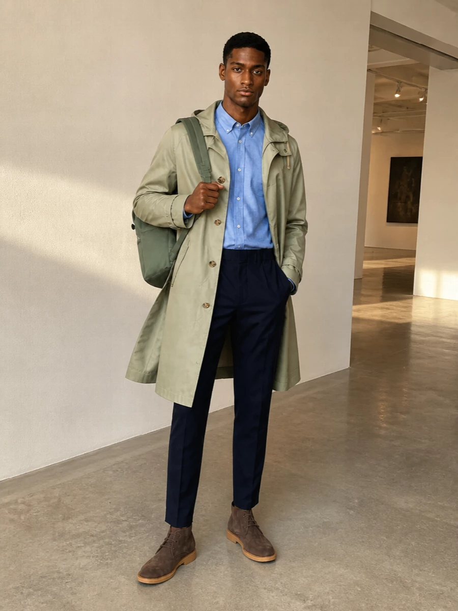 Baracuta trench navy trousers suede desert boots
