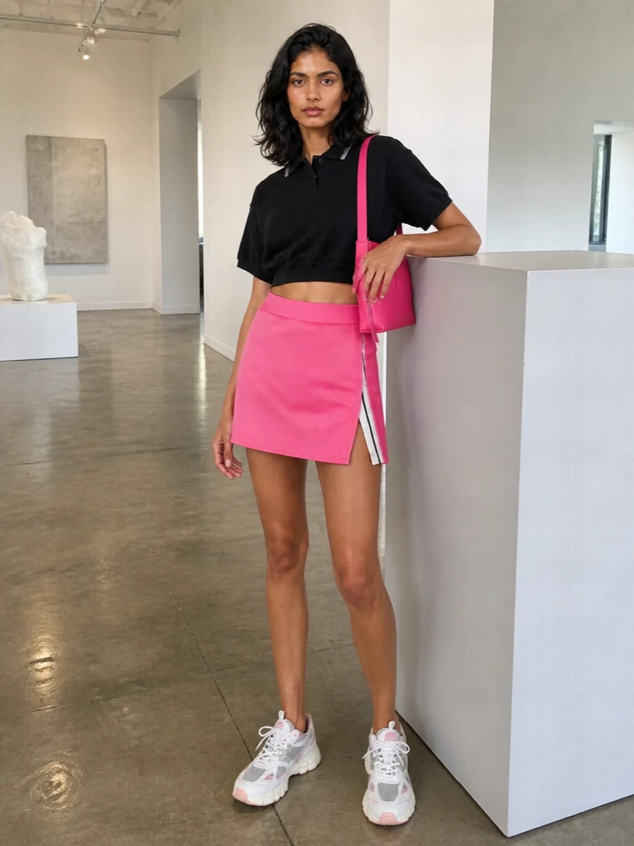 Vivid pink and clean black do all the talking here, with the sporty mini anchored by a cropped logo polo that keeps it confident rather than sweet. Chunky runners and a sharp hot-pink clutch push the whole thing into modern streetwear territory, ready for city days that roll straight into night.