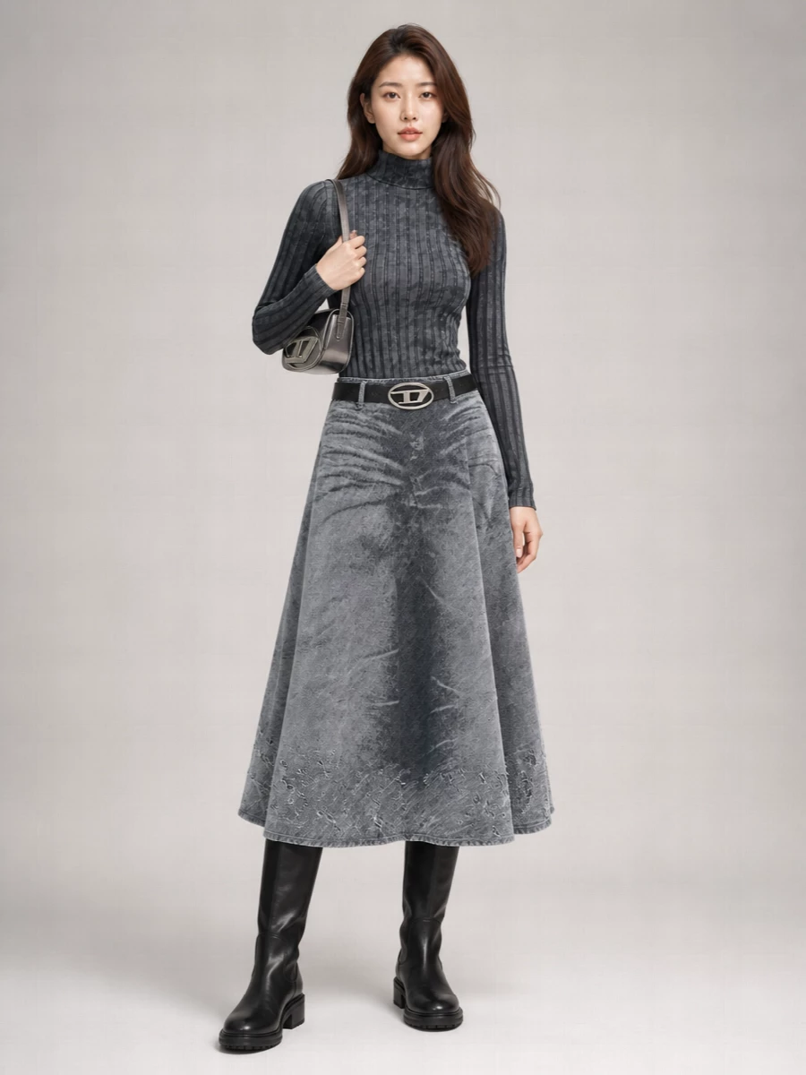 Diesel Denim High-Rise Flared Midi Skirt