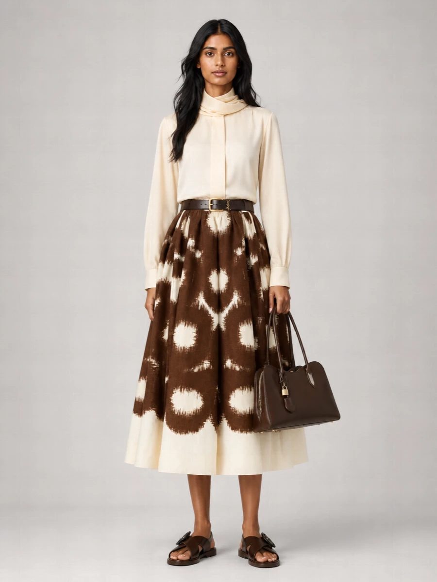 Prada Printed Cotton Pleated Midi Full Skirt