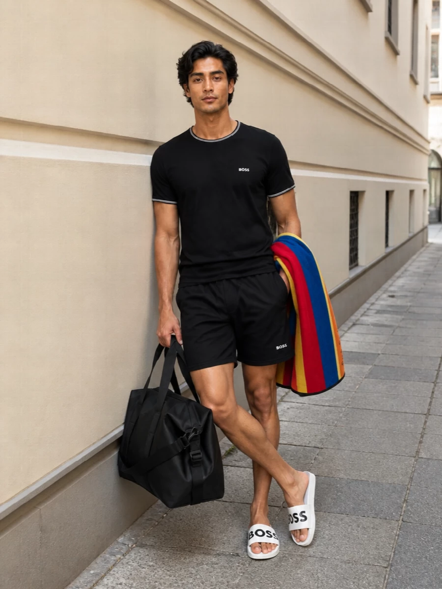 Boss black swim shorts tee and slides outfit