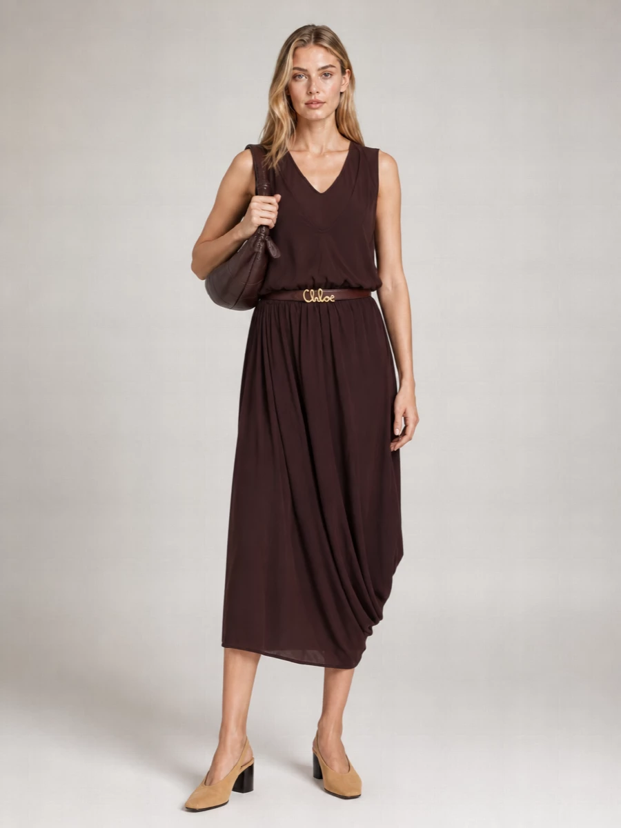 Lemaire Draped Asymmetric V-Neck Sleeveless Midi Dress
