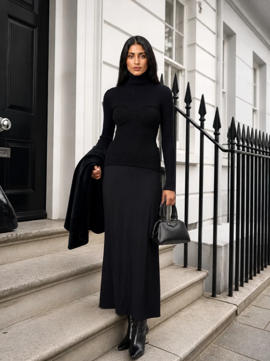 Gaultier knit black maxi skirt outfit
