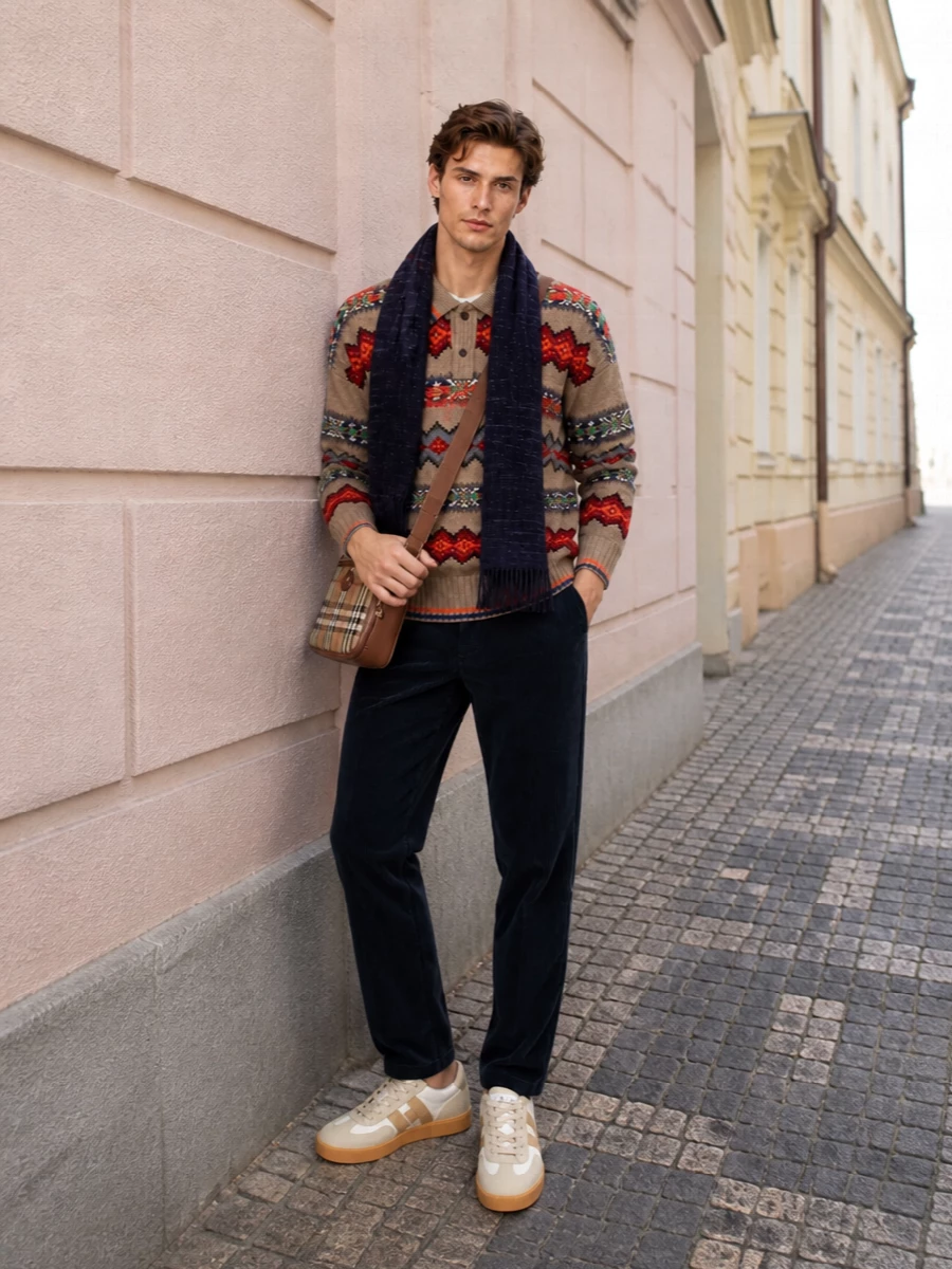 Polo fair isle navy trousers outfit