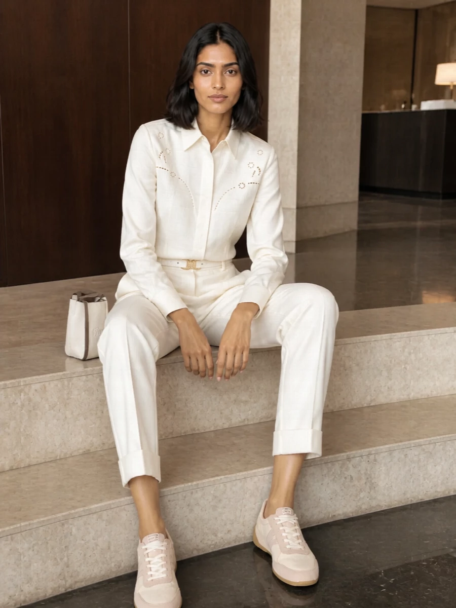 Chloe ivory trousers shirt sneakers outfit