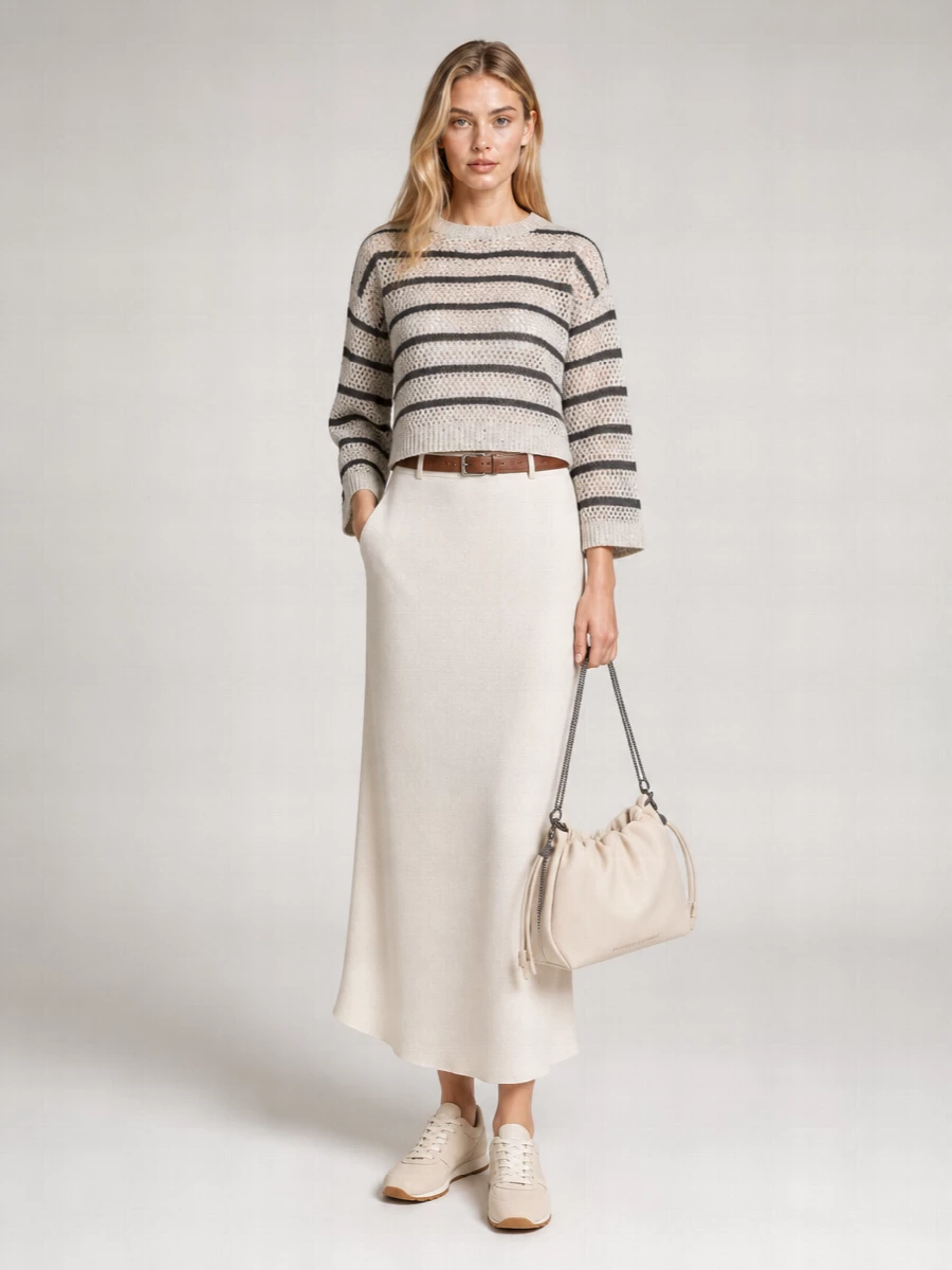 Brunello Cucinelli Striped Sequin Ribbed Crewneck Sweater