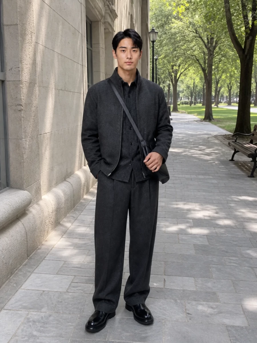 Jil sander charcoal jacket wide trousers outfit
